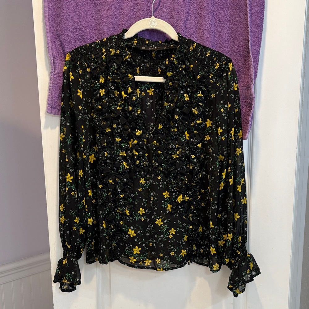 NWT Zara Black Blouse with Yellow Floral Design